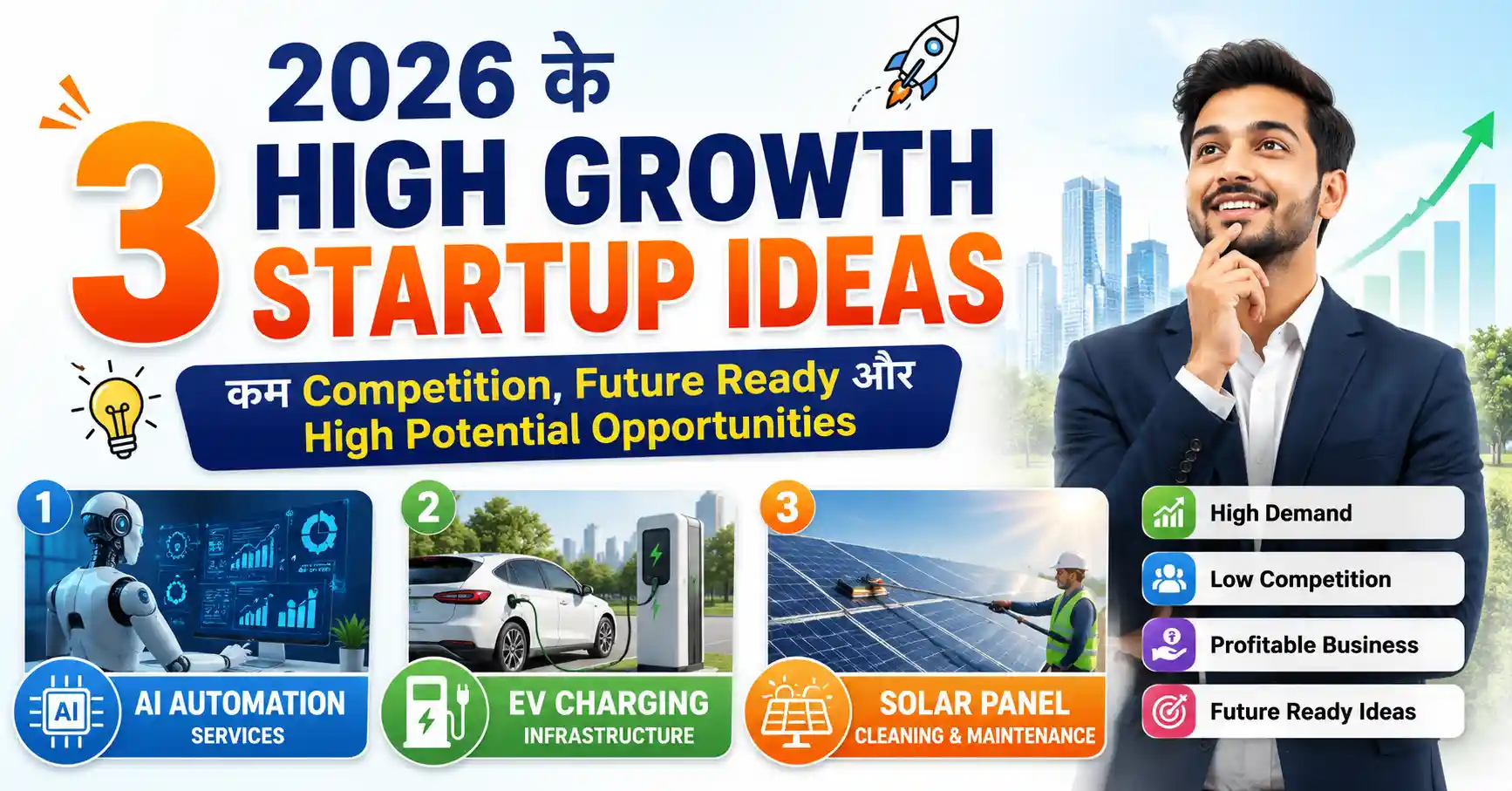 2026 के 3 High Growth Startup Ideas – AI Automation, EV Charging और Solar Startup Ideas